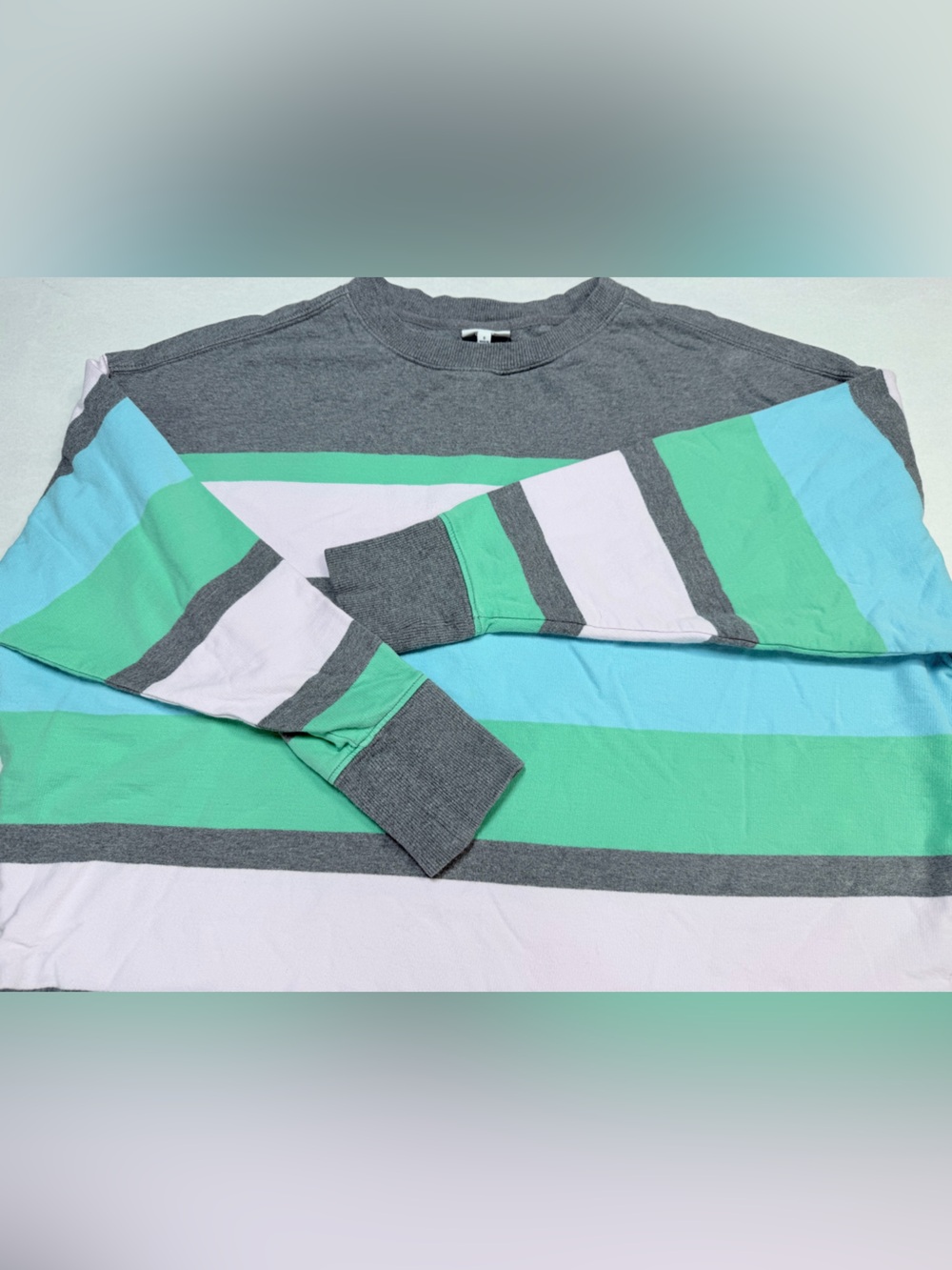 Cabana by Crown & Ivy Striped Crewneck Sweatshirt Small S Green Blue Gray White